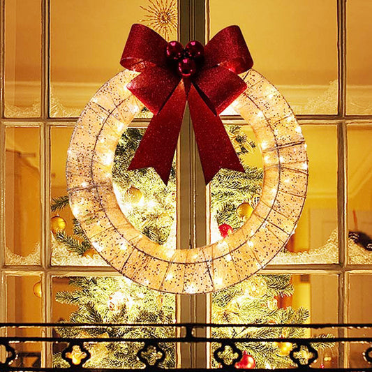 50CM Luminous LED Christmas Garland with Big Bow – Warm Light Door and Home Decor